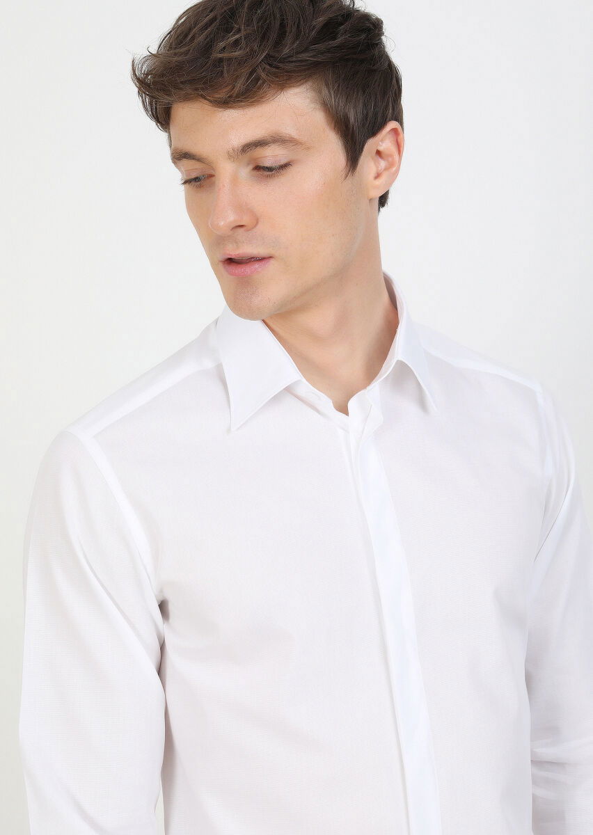 Beyaz Slim Fit Dokuma Klasik %100 Pamuk Gömlek - 3