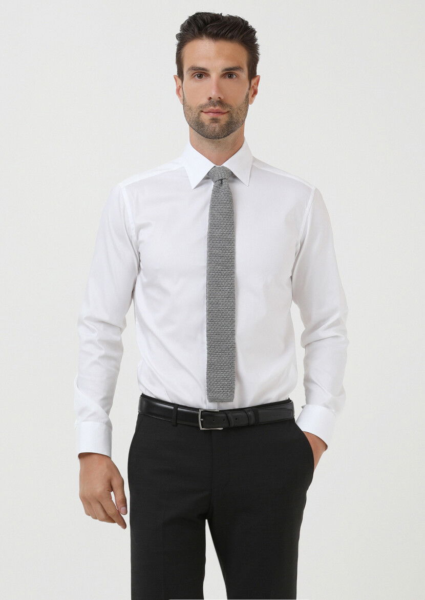 Beyaz Slim Fit Dokuma Klasik Pamuk Karışımlı Gömlek - 1