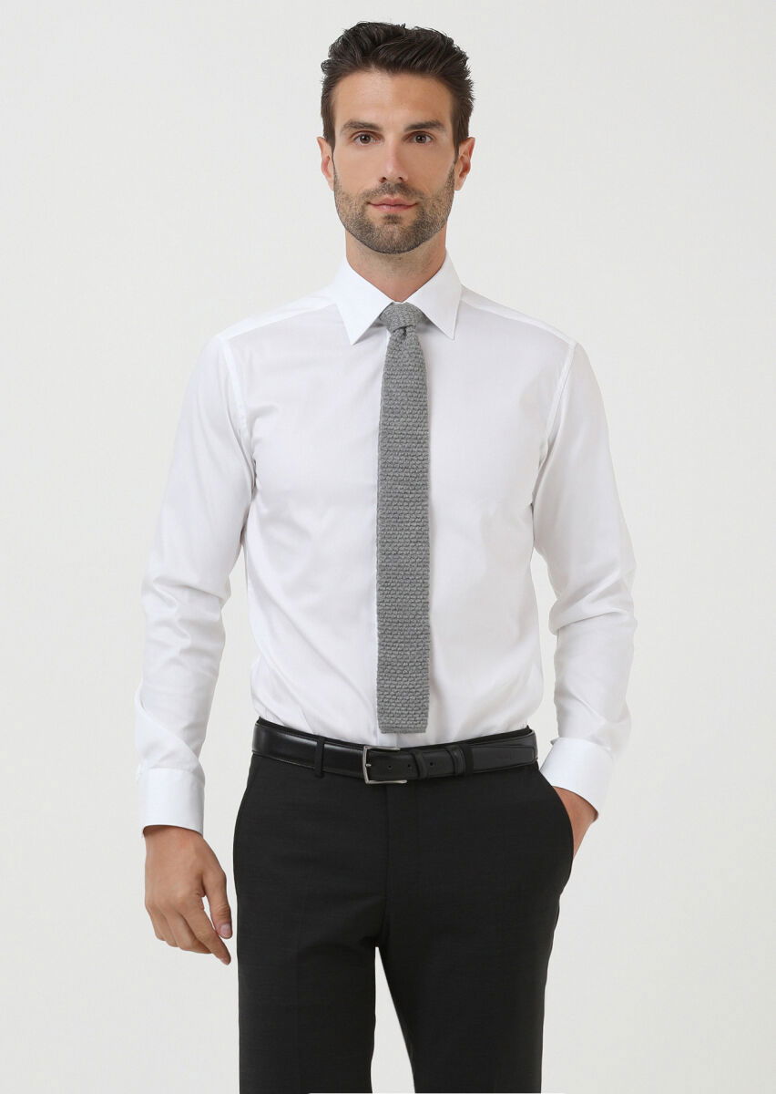 Beyaz Slim Fit Dokuma Klasik Pamuk Karışımlı Gömlek - 1