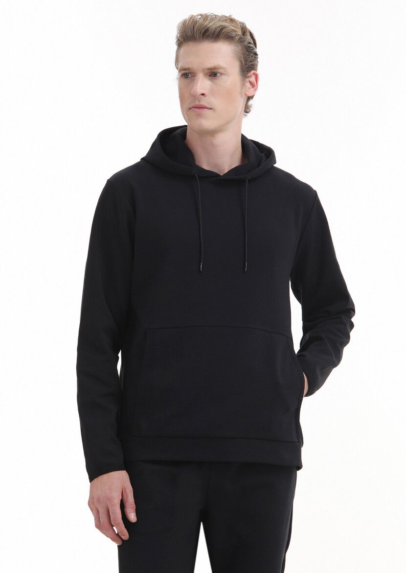 Black Hooded Plain Sweatshirt - 1