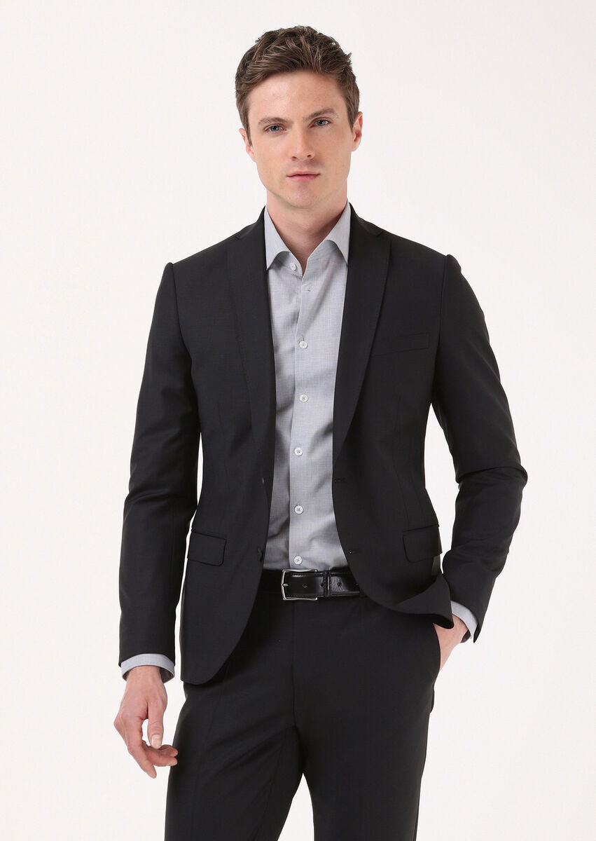 Black Plain Fashion Slim Fit Wool Blended Suit - 3