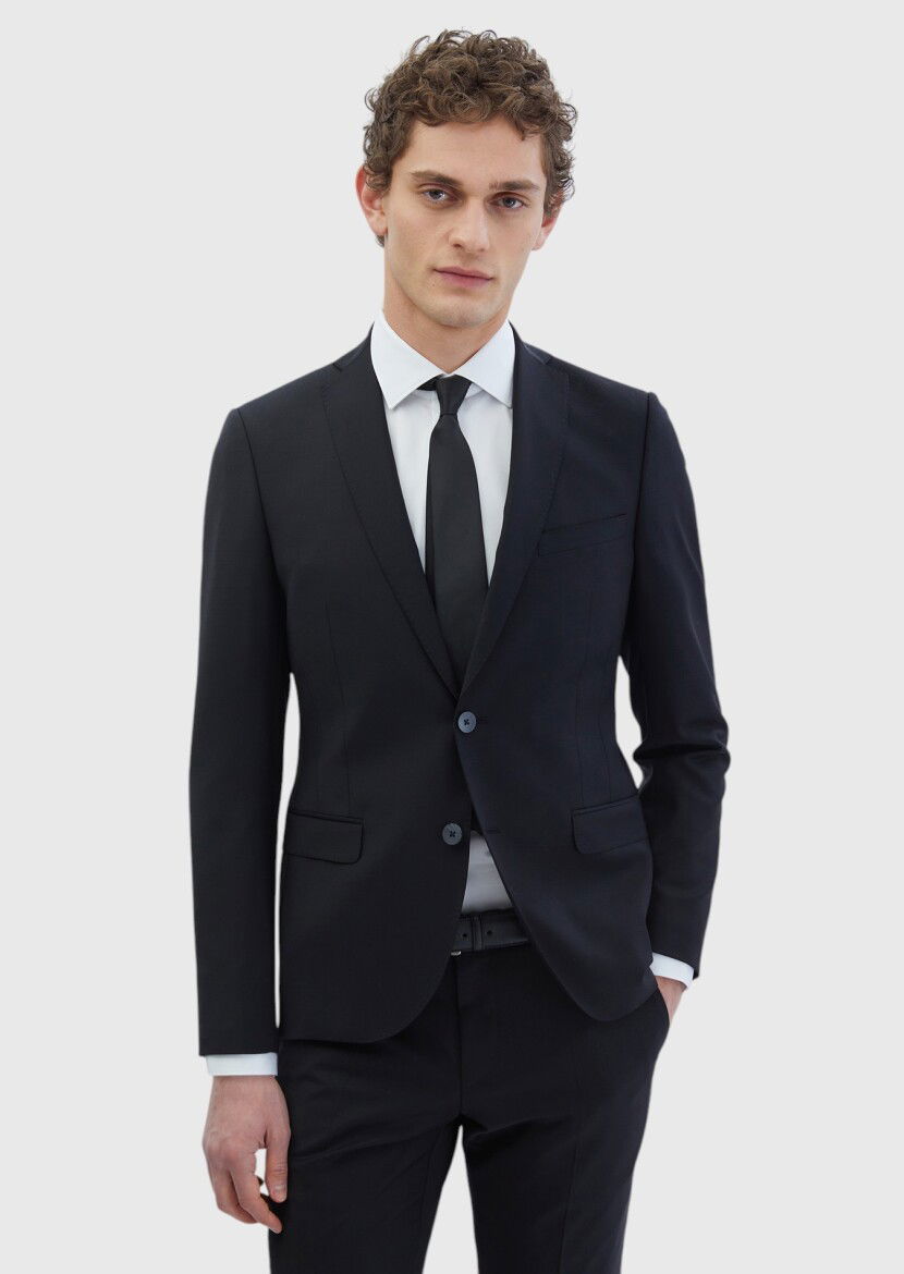 Black Plain Fashion Slim Fit Wool Blended Suit - 1