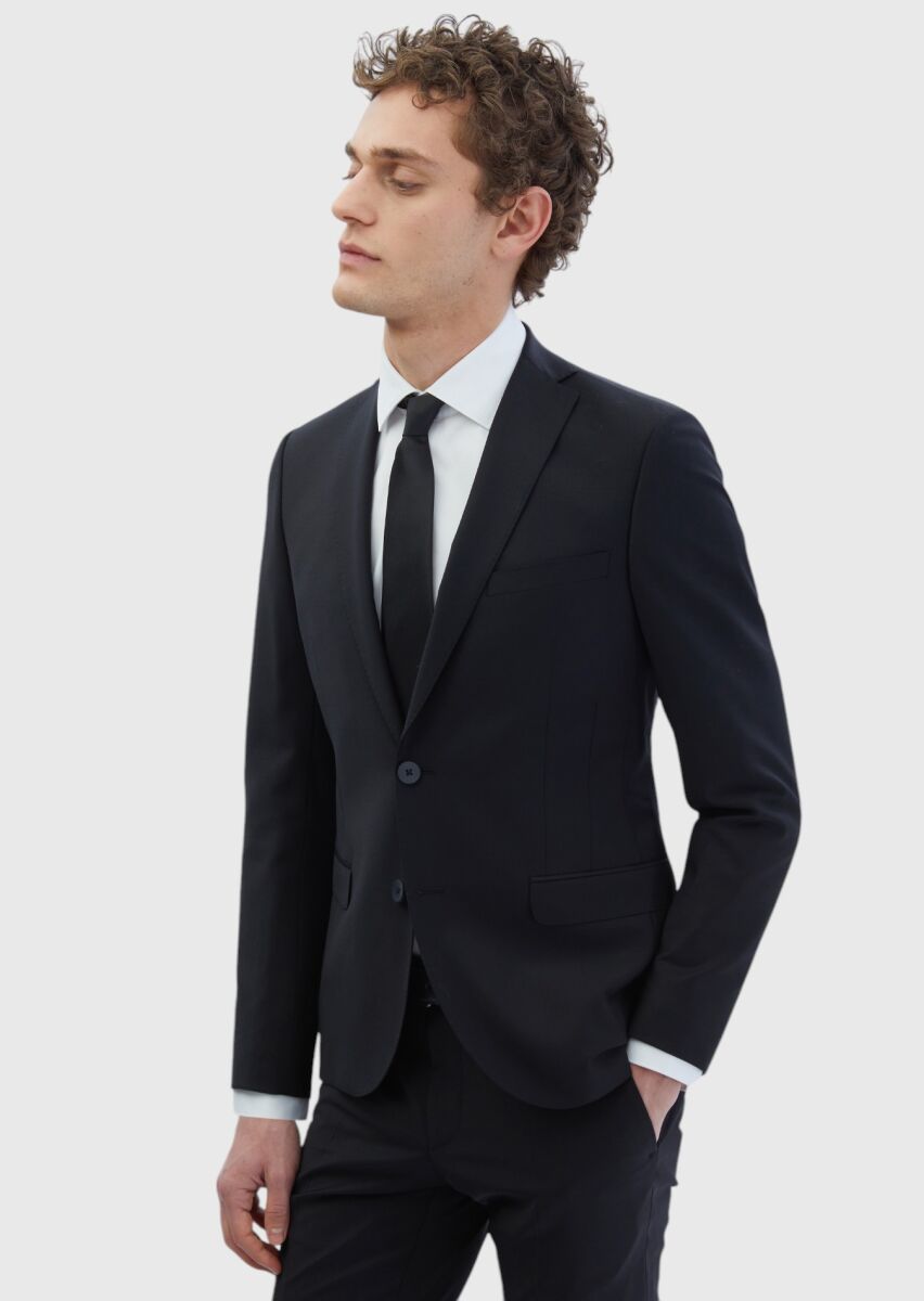 Black Plain Fashion Slim Fit Wool Blended Suit - 3