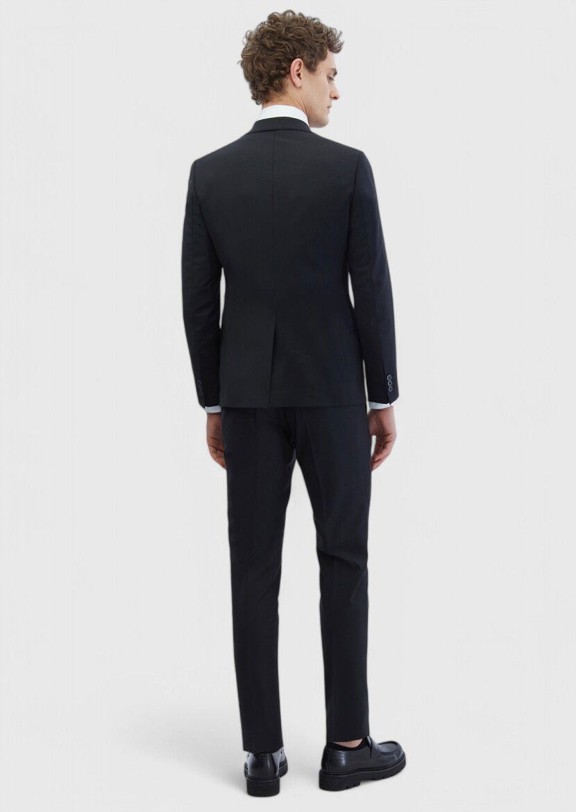 Black Plain Fashion Slim Fit Wool Blended Suit - 5