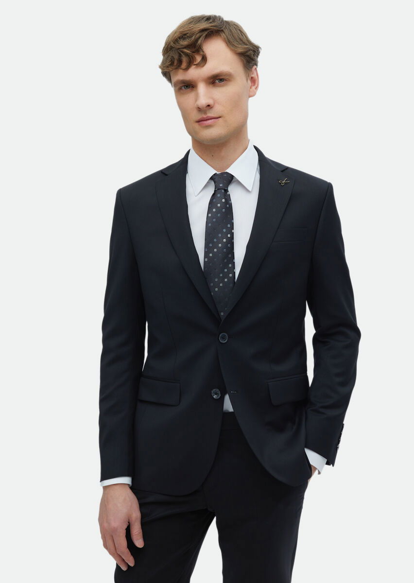 Black Plain Modern Fit 100% Wool Suit - 1