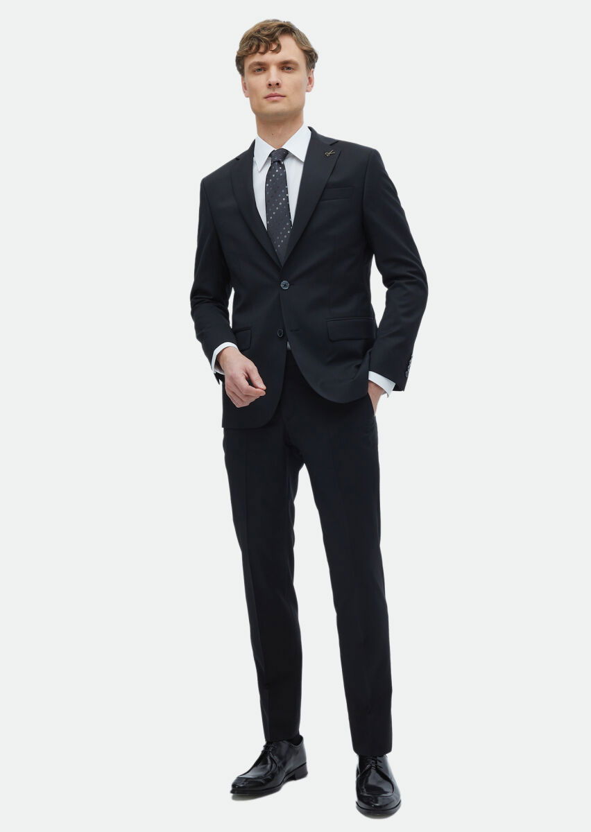 Black Plain Modern Fit 100% Wool Suit - 2