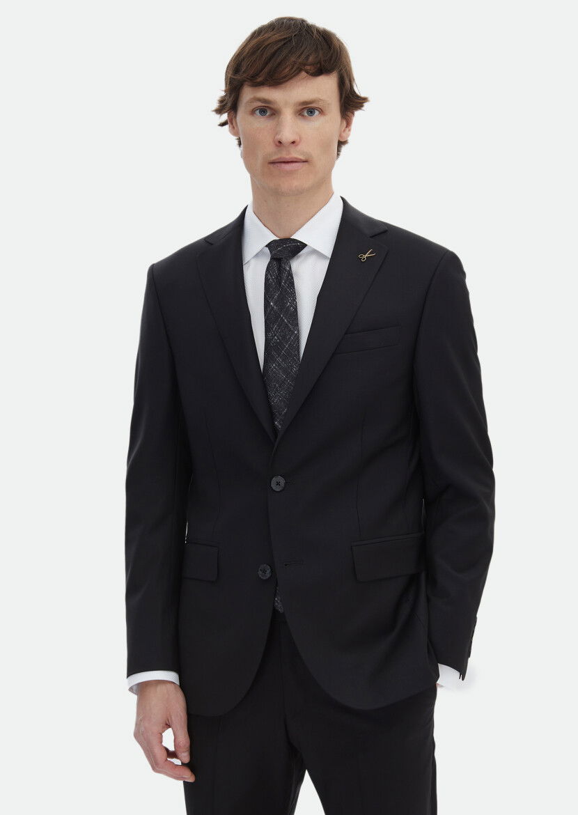 Black Plain Modern Fit Wool Blended Suit - 1