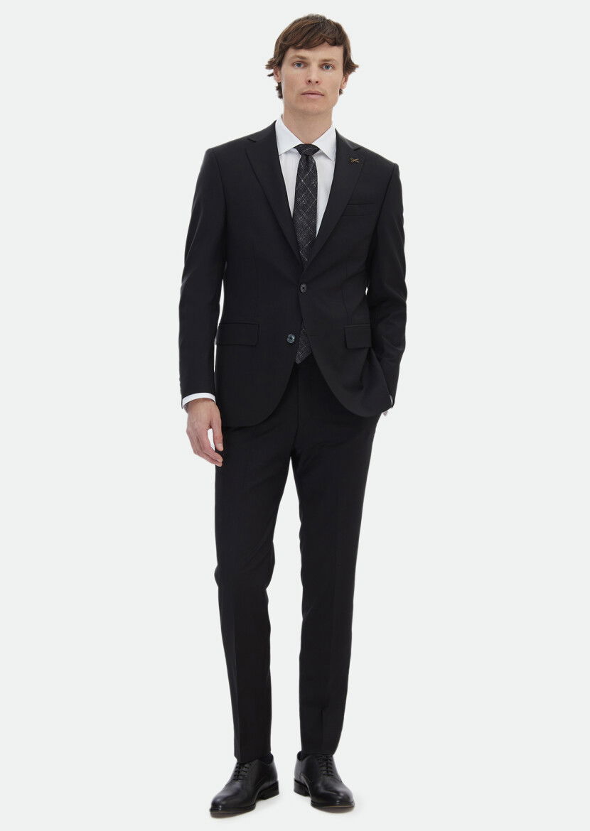 Black Plain Modern Fit Wool Blended Suit - 2