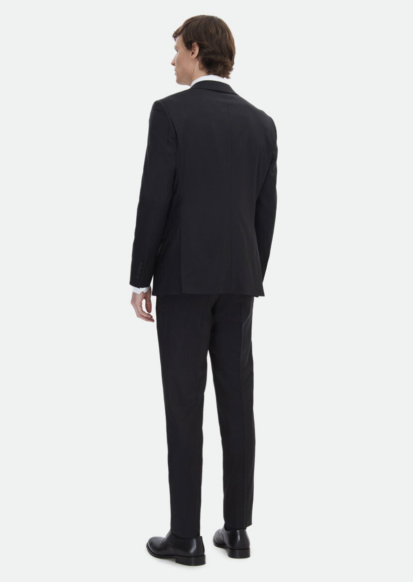 Black Plain Modern Fit Wool Blended Suit - 5