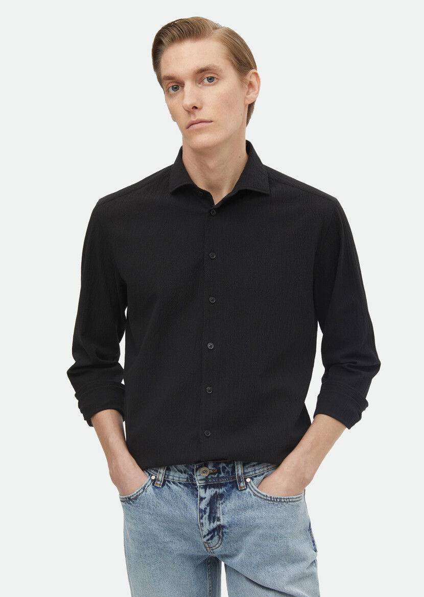 Black Plain Regular Fit Weaving Casual Cotton Blended Shirt - 1