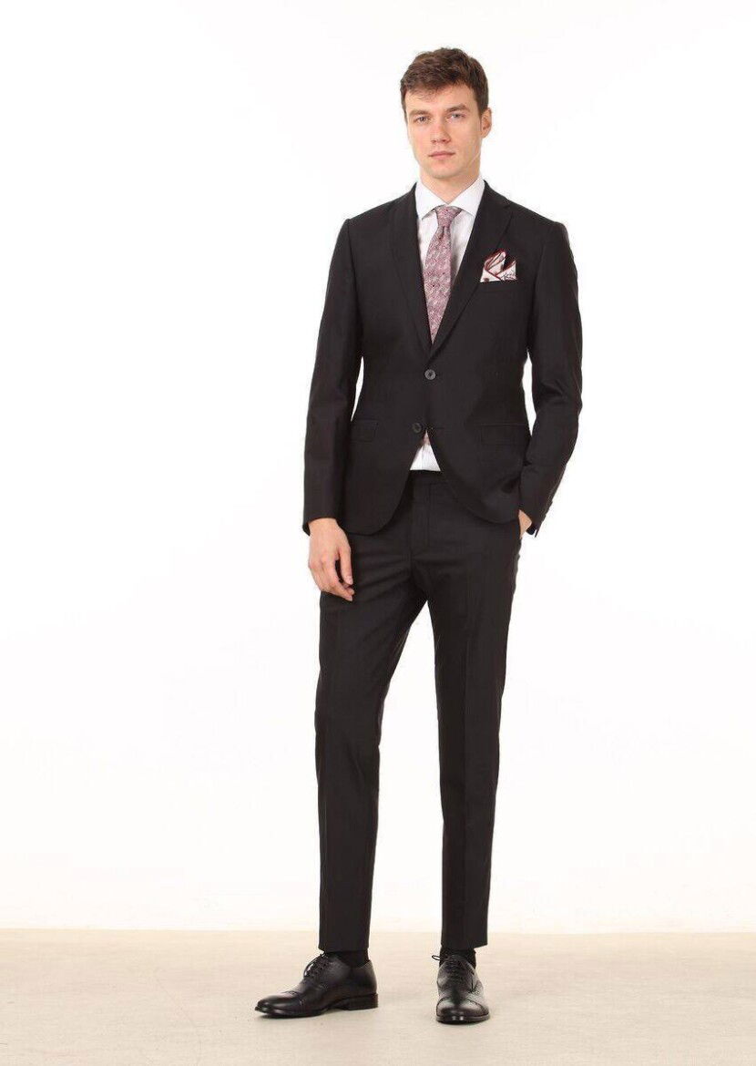 Black Plain Regular Fit Wool Blended Suit - 1