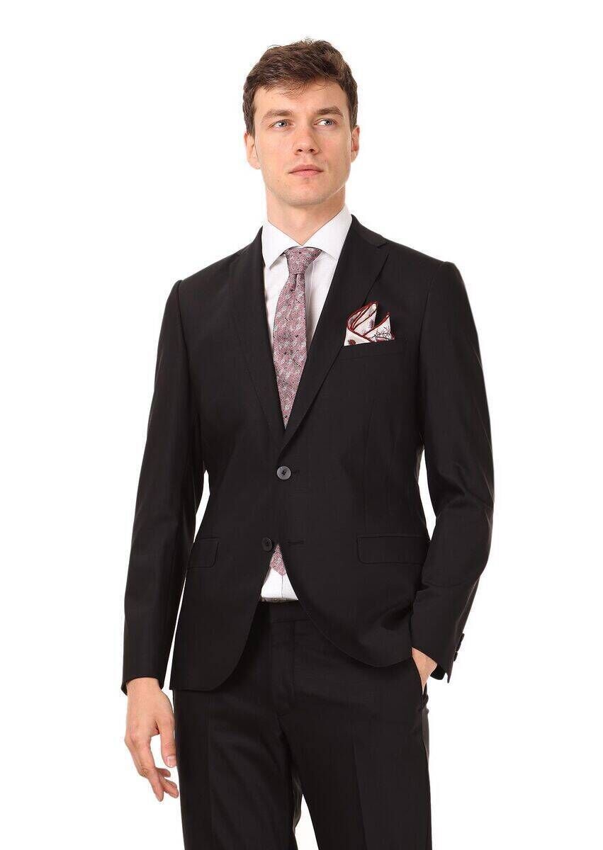 Black Plain Regular Fit Wool Blended Suit - 2