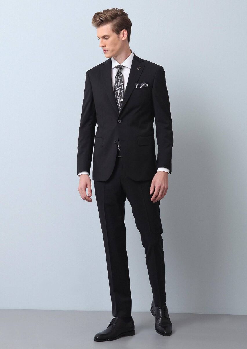 Black Plain Thin&Taller Slim Fit 100% Wool Suit - 1