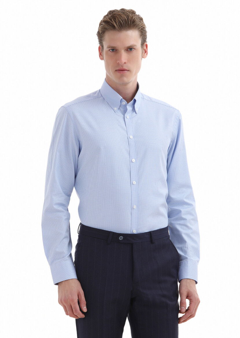 Blue Micro Regular Fit Weaving Classical 100% Cotton Shirt 