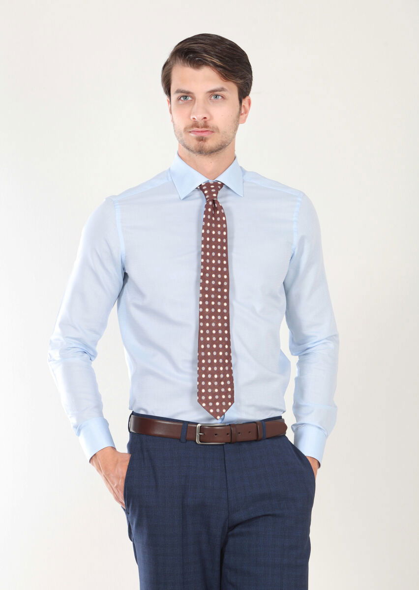 Blue Patterned Regular Fit Weaving Classical 100% Cotton Shirt - 1