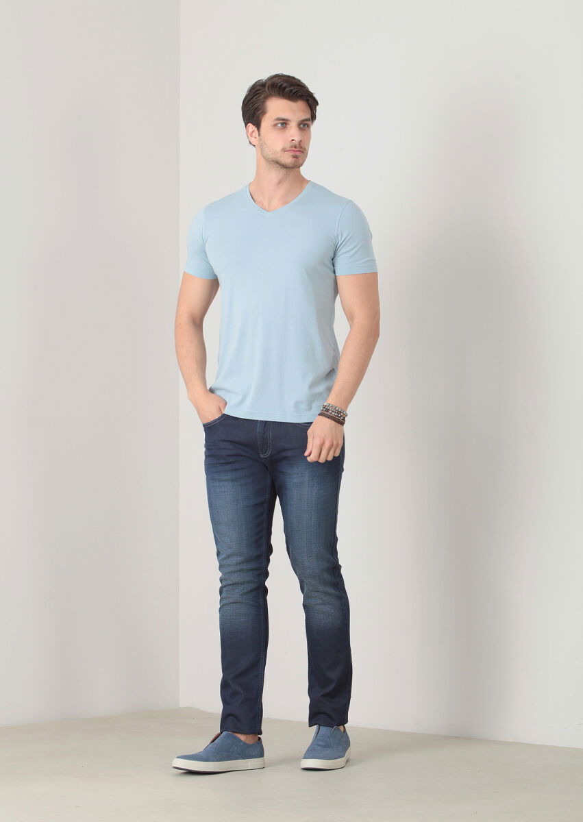 Blue Plain V-Neck 100% Cotton T-Shirt - 2
