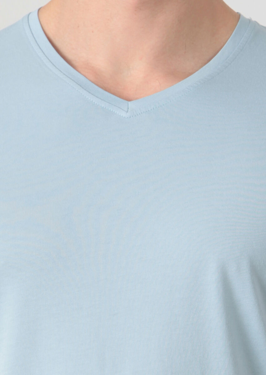 Blue Plain V-Neck 100% Cotton T-Shirt - 3