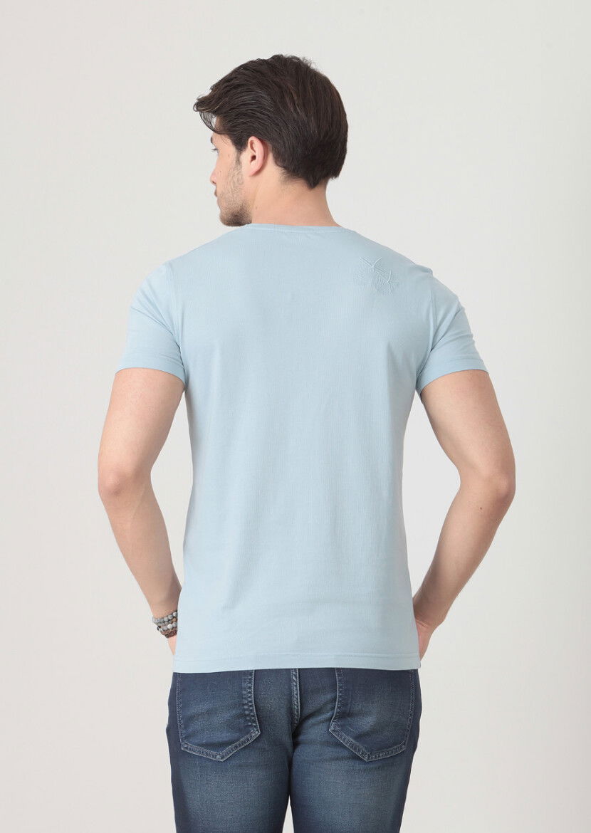 Blue Plain V-Neck 100% Cotton T-Shirt - 5
