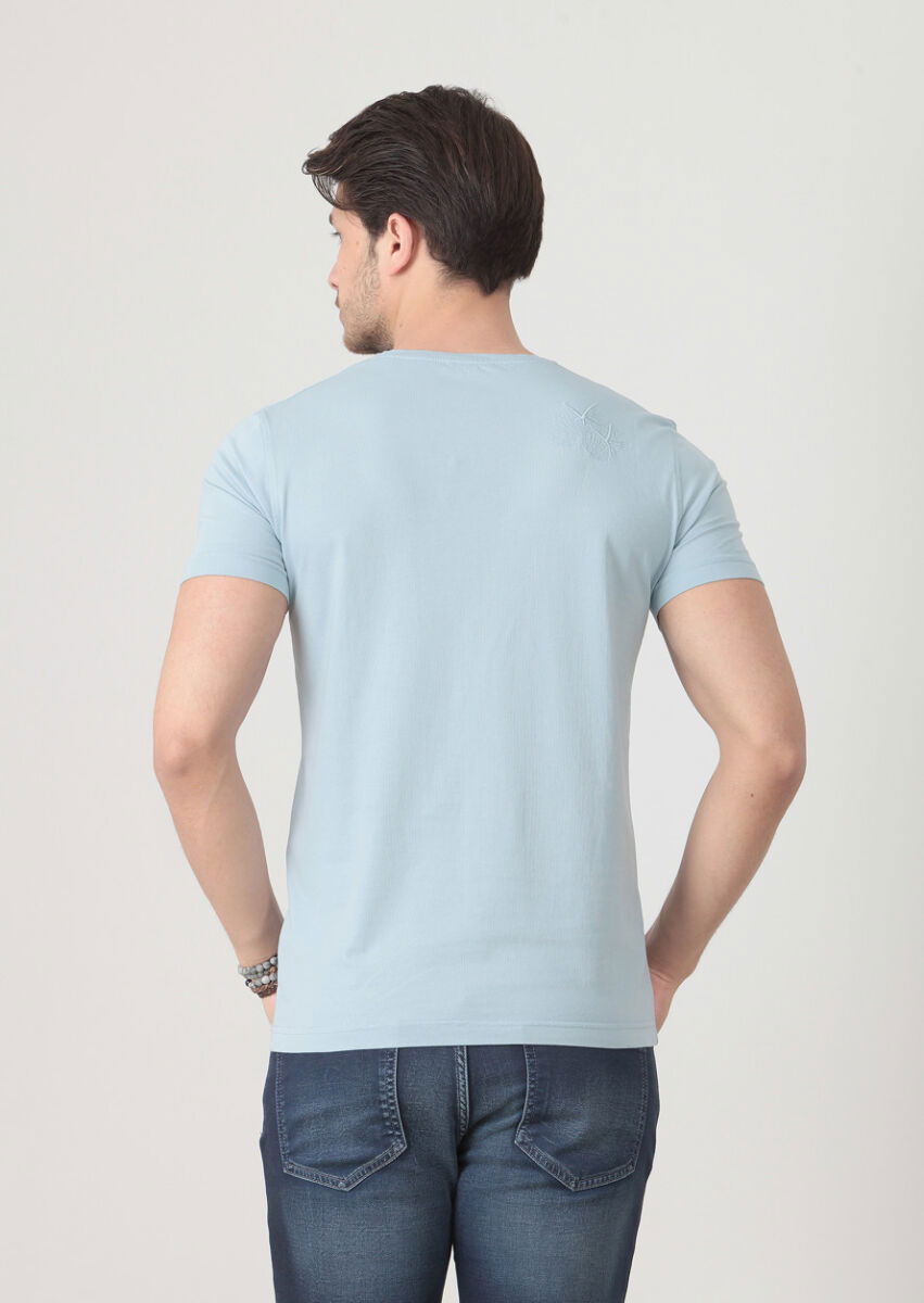 Blue Plain V-Neck 100% Cotton T-Shirt - 5