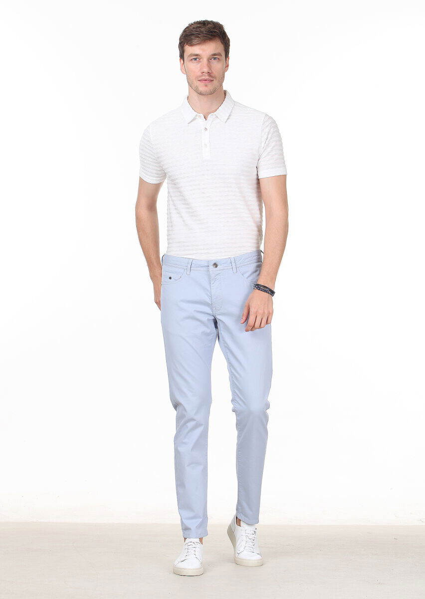 Blue Weaving Slim Fit Casual Cotton Blended Trousers - 2