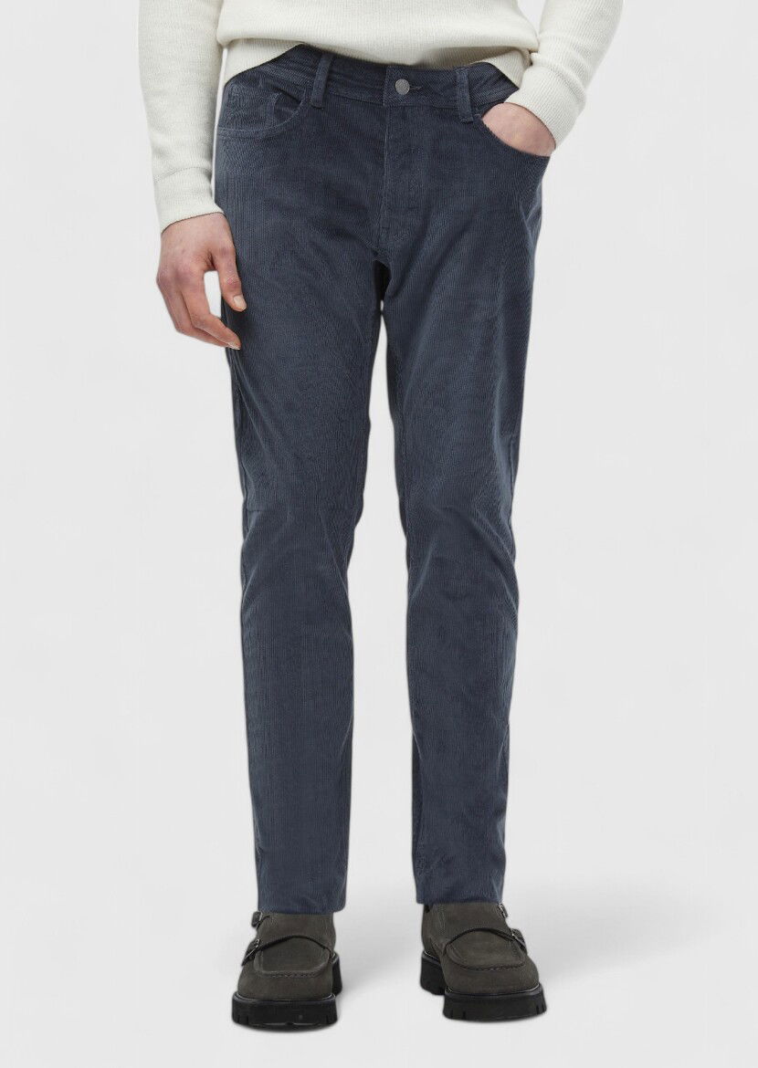 Blue Weaving Slim Fit Casual Cotton Blended Trousers 
