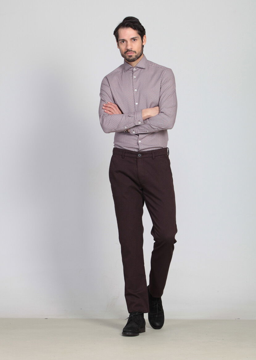 Bordo Desenli Dokuma Regular Fit Casual Pamuk Karışımlı Pantolon 