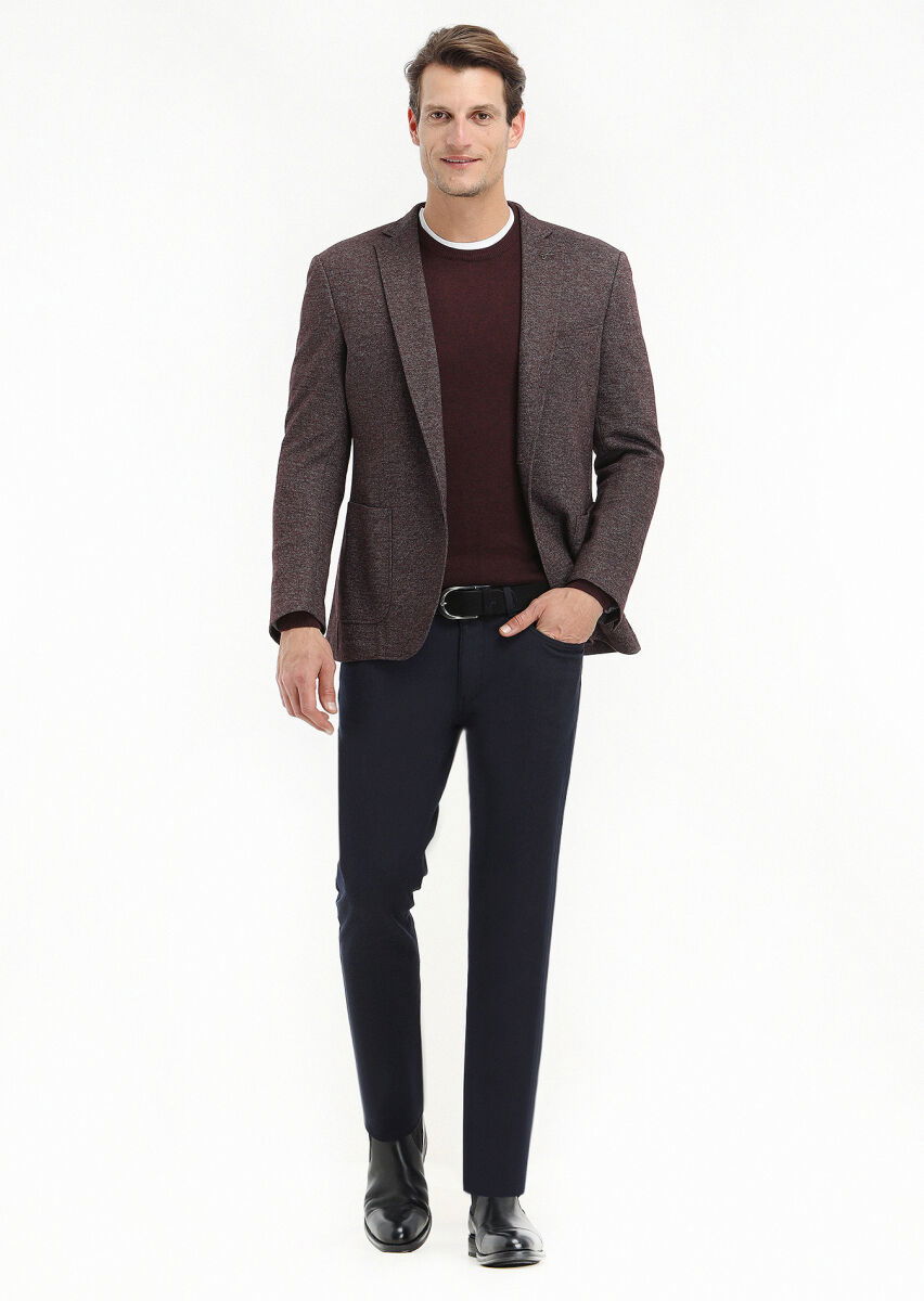Bordo Desenli Zeroweight Slim Fit Yün Karışımlı Örme Ceket - 1
