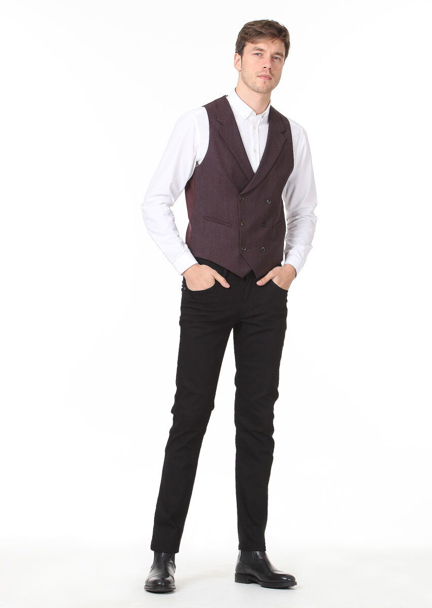Bordo Düz Casual Yelek - 3