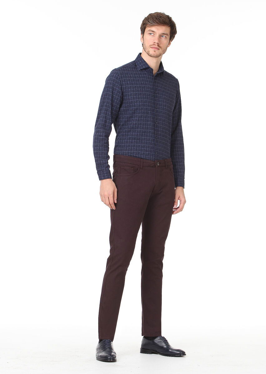 Bordo Düz Dokuma Slim Fit Casual Pamuk Karışımlı Pantolon - 1