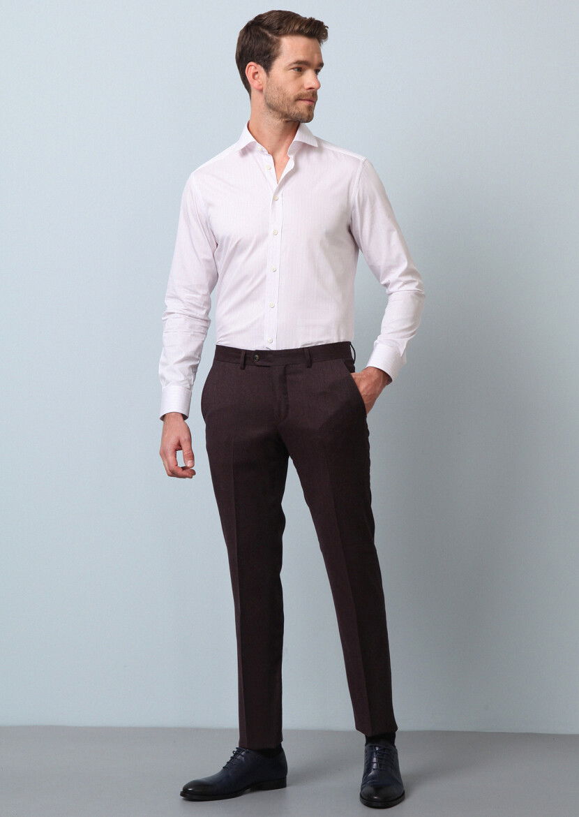 Bordo Düz Kumaş Modern Fit Klasik %100 Yün Pantolon - 1