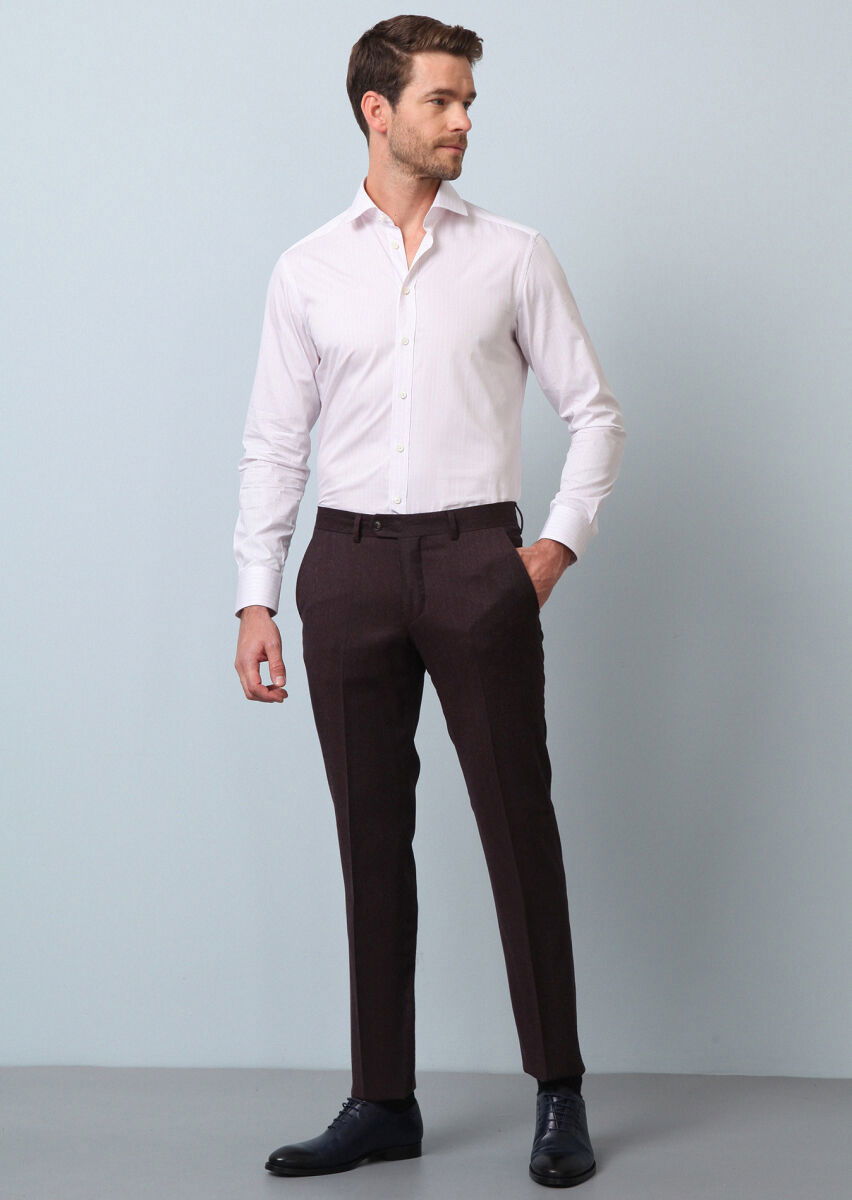 Bordo Düz Kumaş Modern Fit Klasik %100 Yün Pantolon - 1