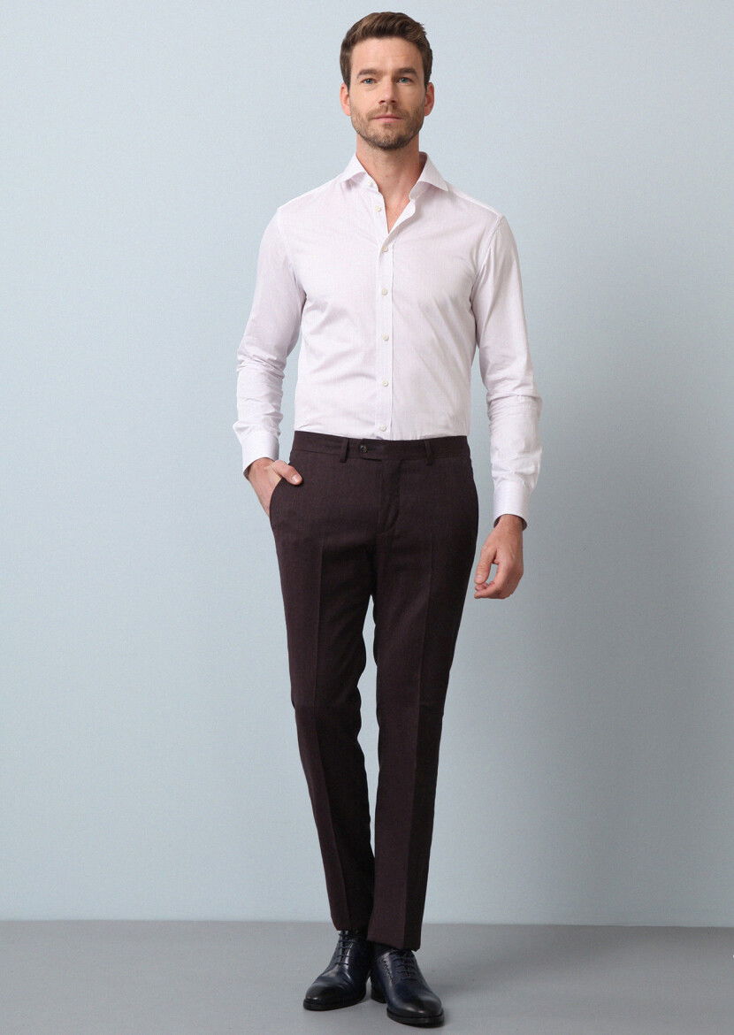 Bordo Düz Kumaş Modern Fit Klasik %100 Yün Pantolon - 2