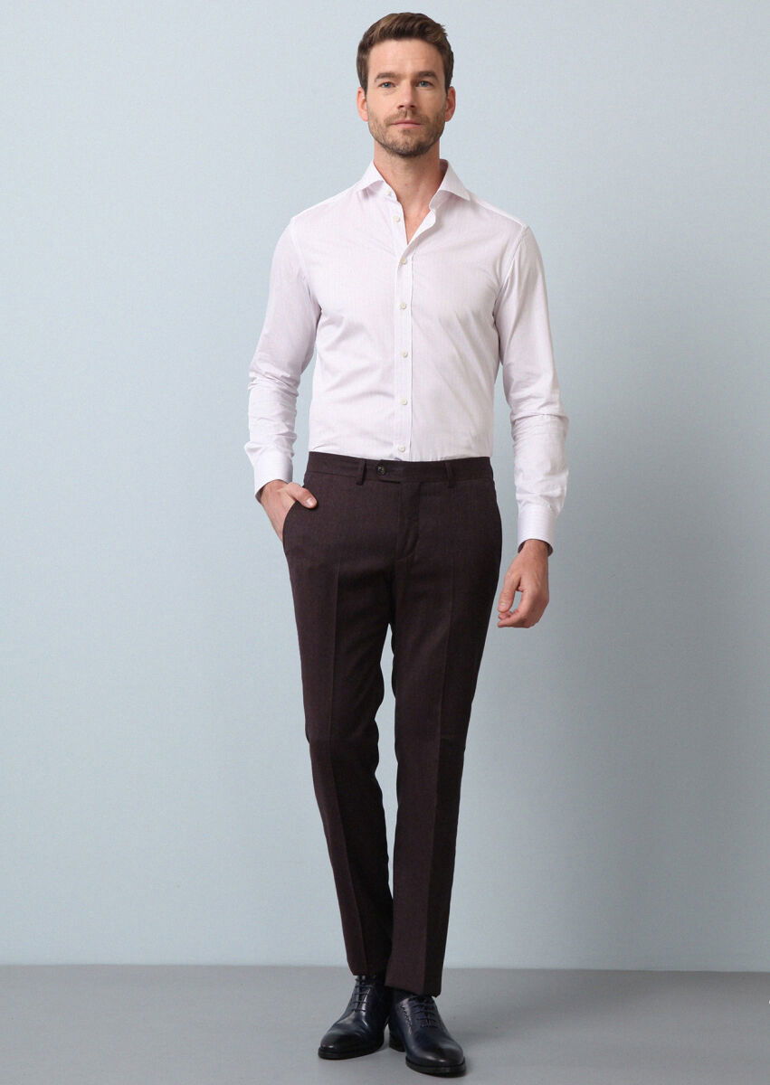 Bordo Düz Kumaş Modern Fit Klasik %100 Yün Pantolon - 2