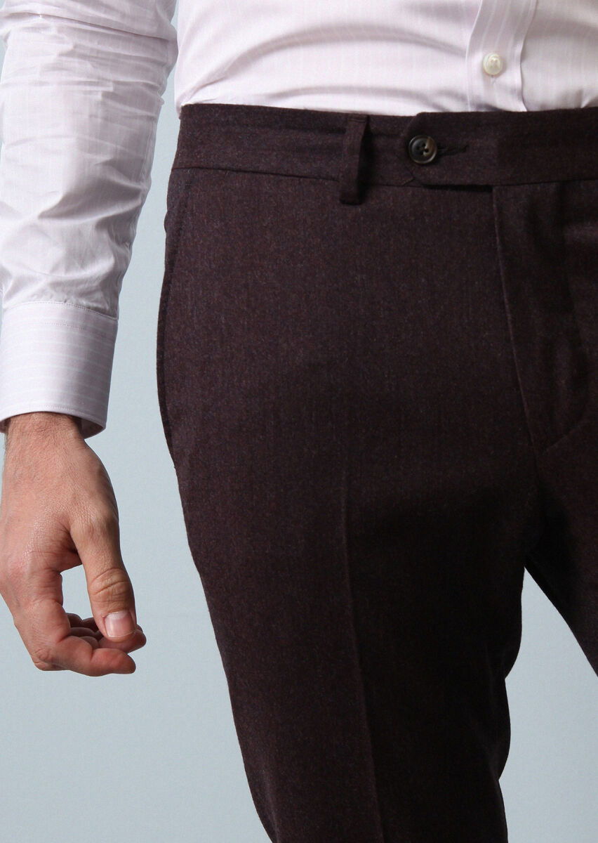 Bordo Düz Kumaş Modern Fit Klasik %100 Yün Pantolon - 3