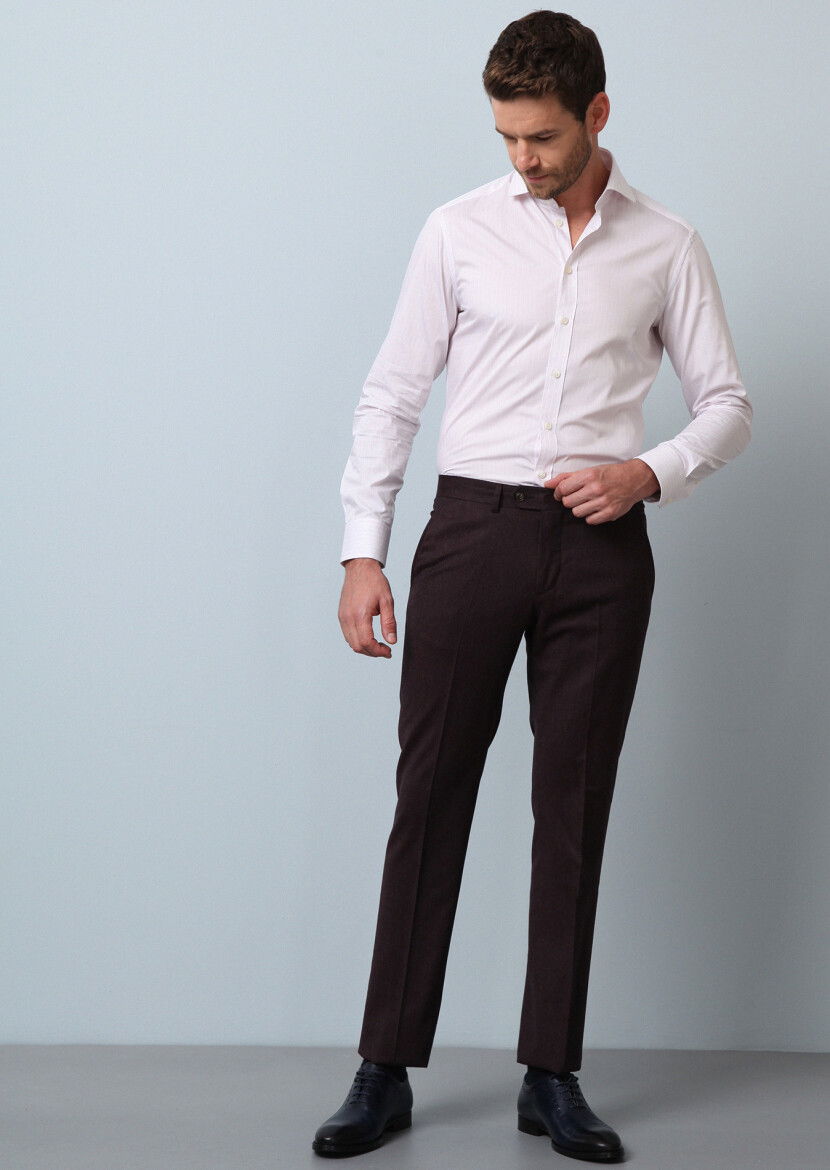 Bordo Düz Kumaş Modern Fit Klasik %100 Yün Pantolon - 4