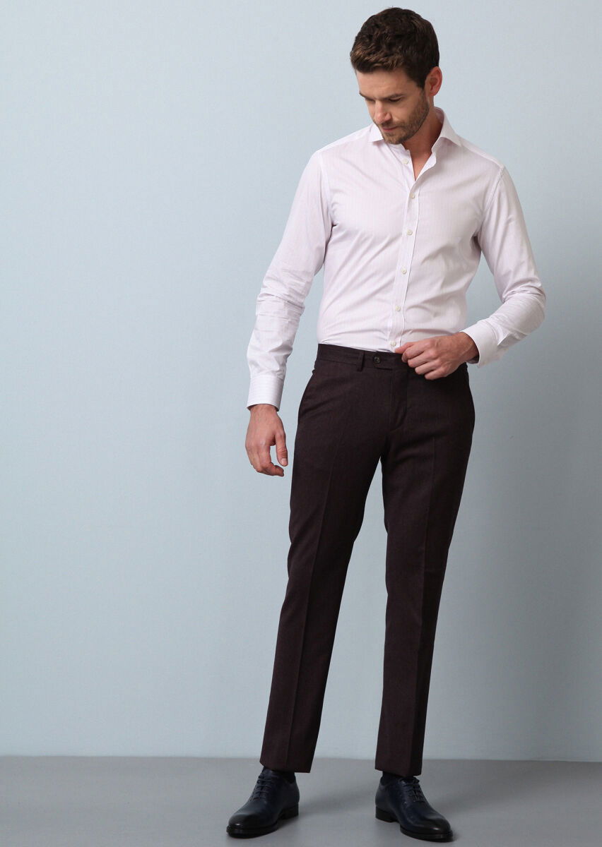 Bordo Düz Kumaş Modern Fit Klasik %100 Yün Pantolon - 4