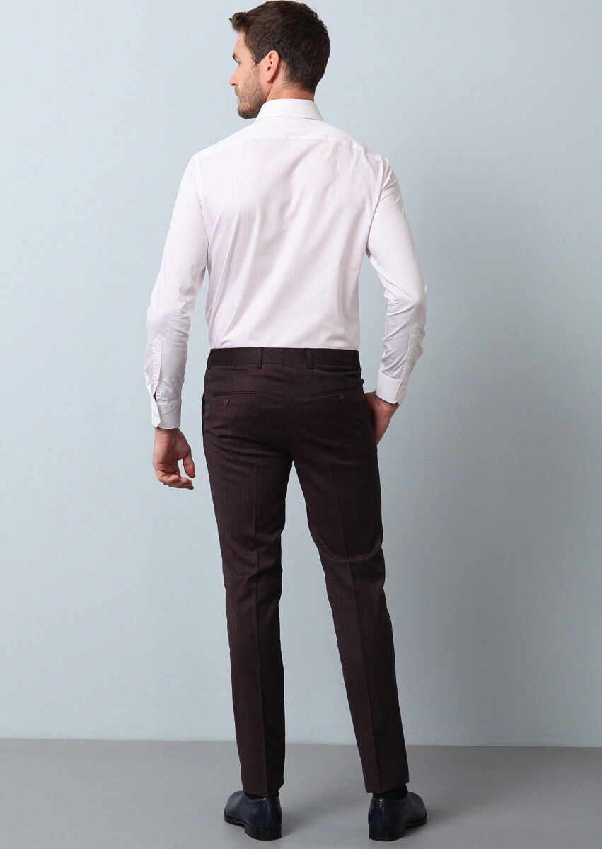 Bordo Düz Kumaş Modern Fit Klasik %100 Yün Pantolon - 5