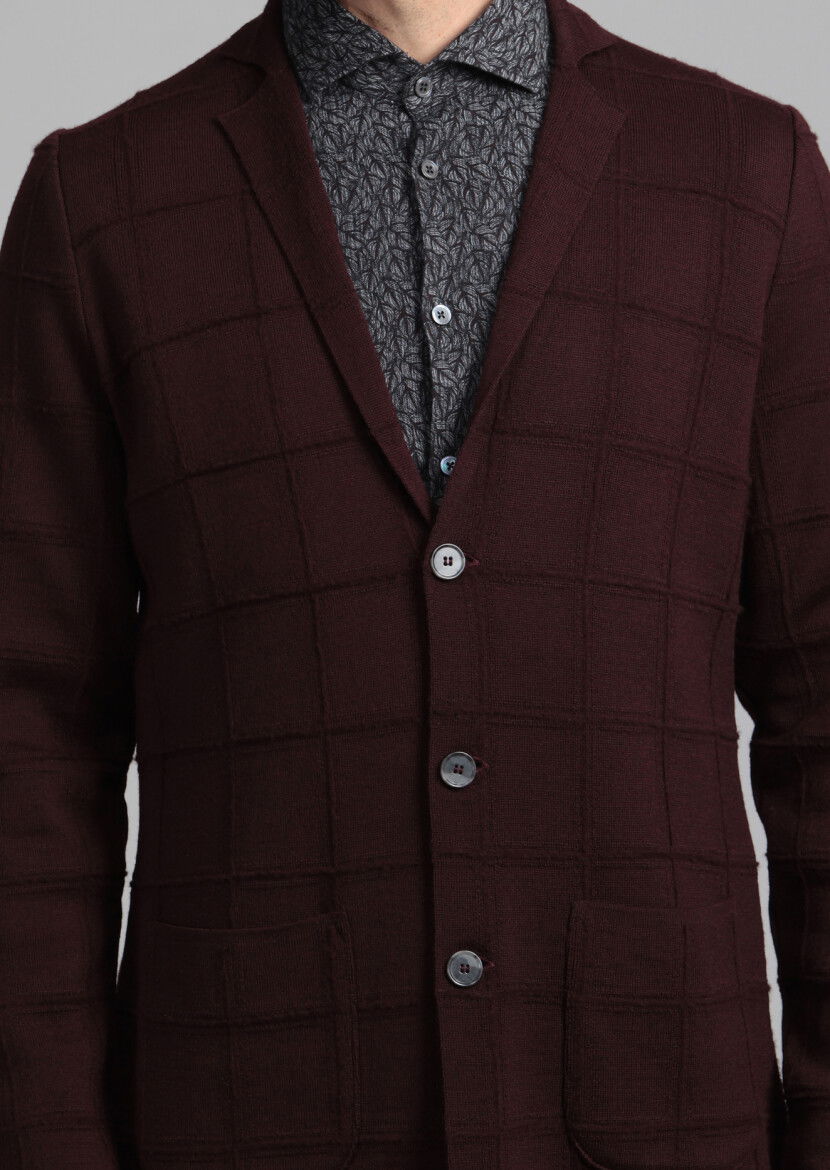 Bordo Jakarlı Yün Karışımlı Hırka - 4