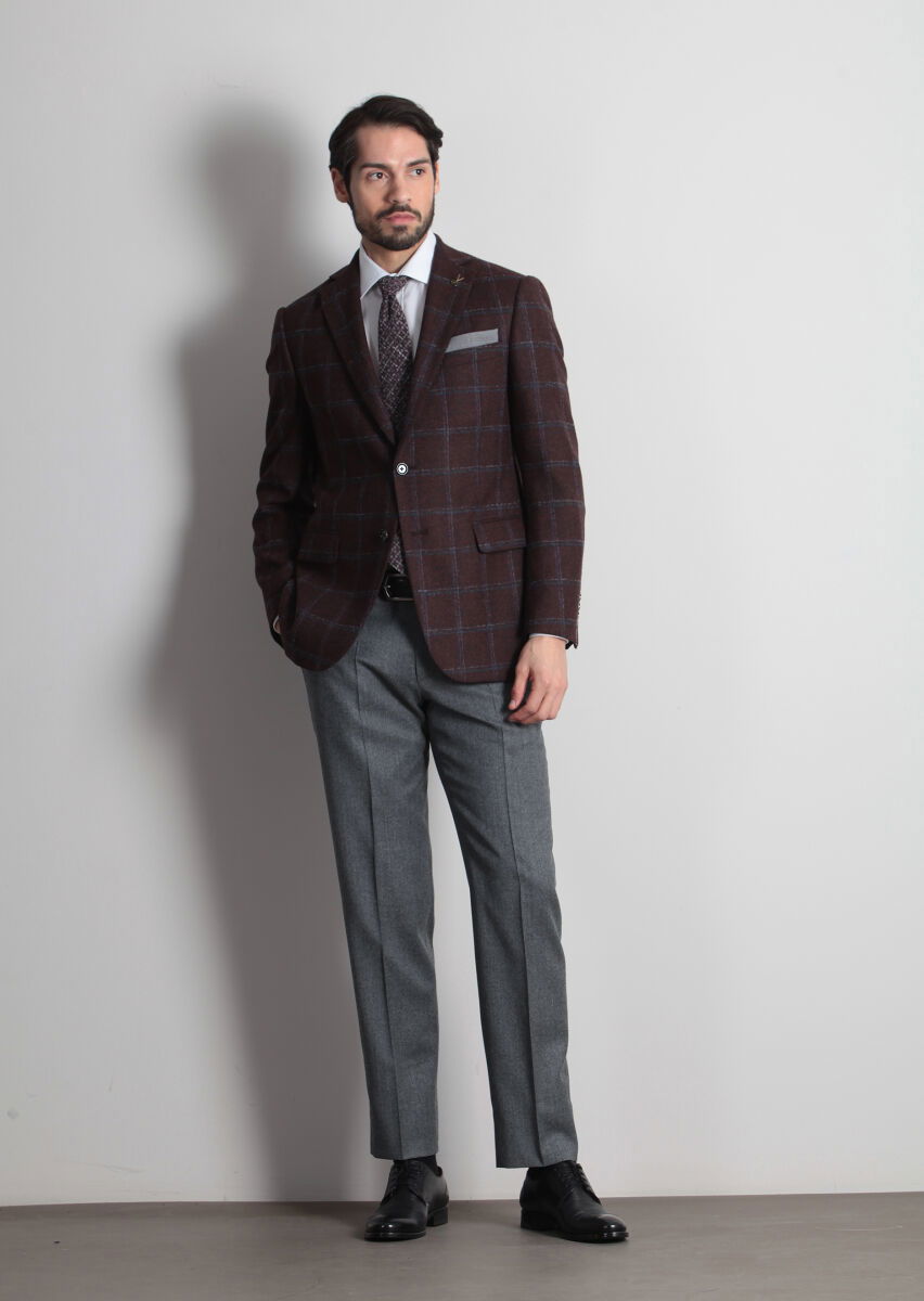 Bordo Kareli Regular Fit Yün Karışımlı Ceket - 2