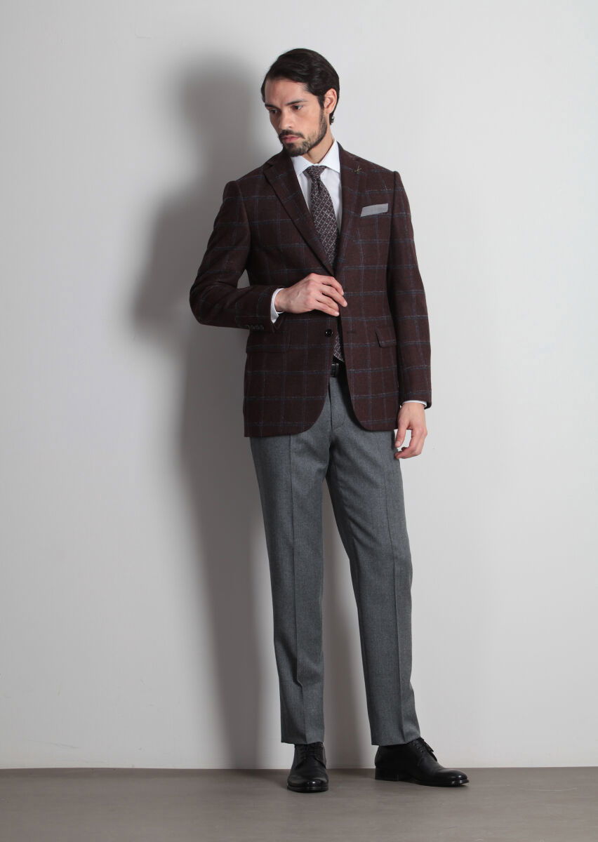 Bordo Kareli Regular Fit Yün Karışımlı Ceket - 3