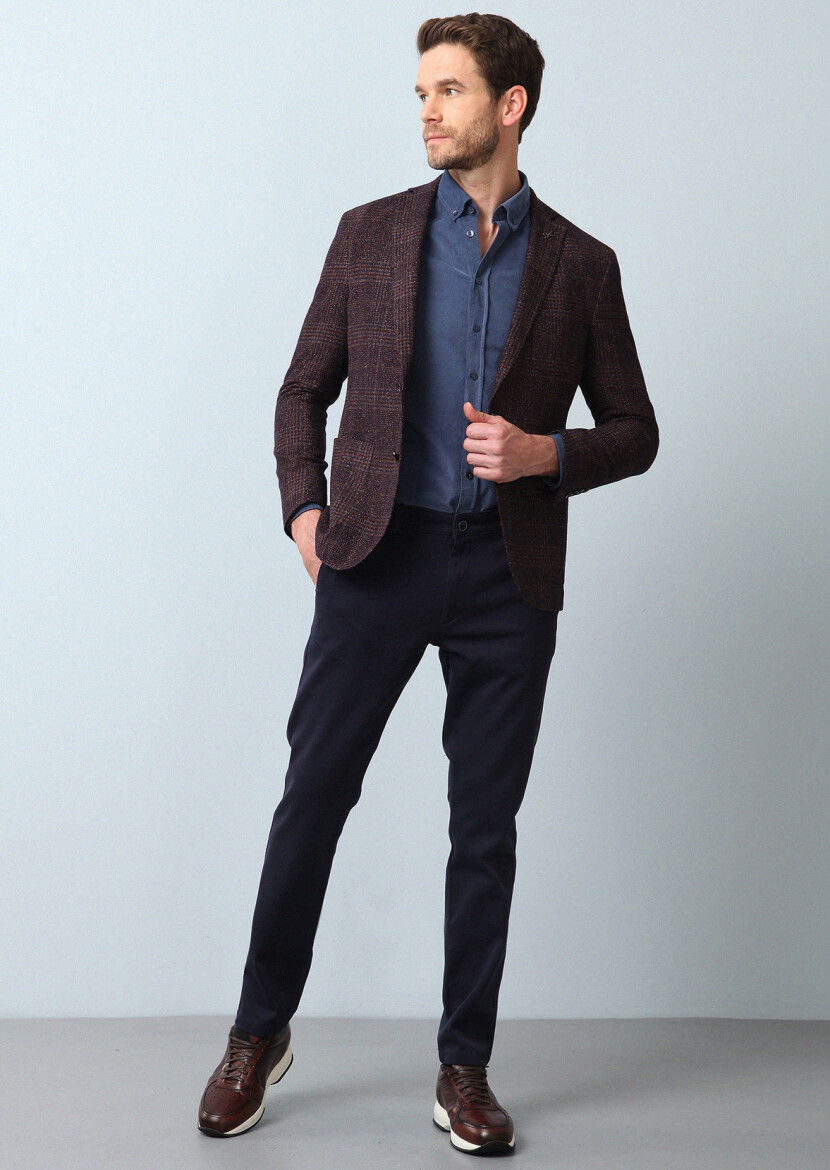Bordo Kareli Shirt Shoulder Slim Fit Yün Karışımlı Ceket - 4