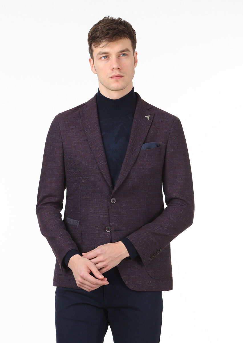 Bordo Mikro Modern Fit Yün Karışımlı Ceket - 1