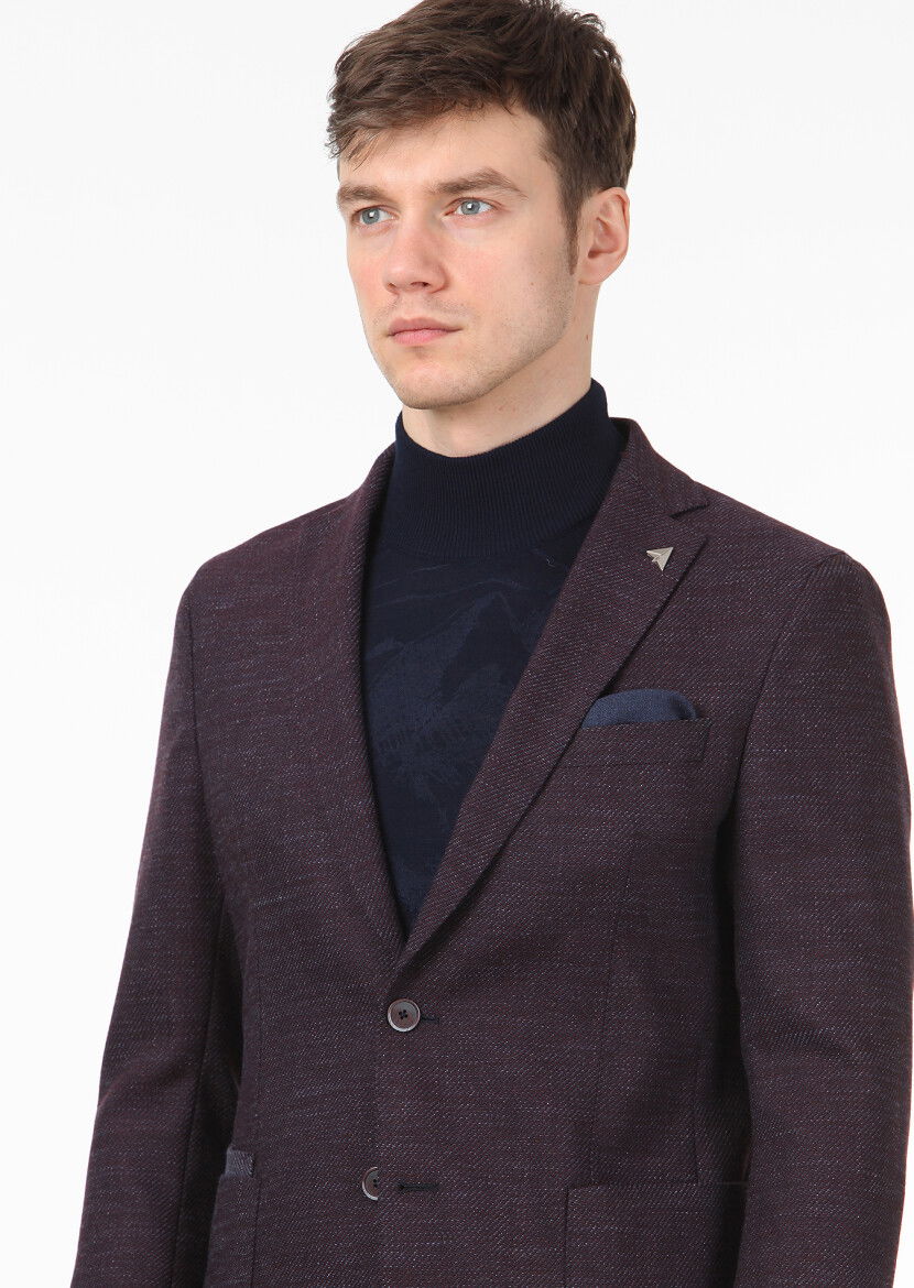 Bordo Mikro Modern Fit Yün Karışımlı Ceket - 2