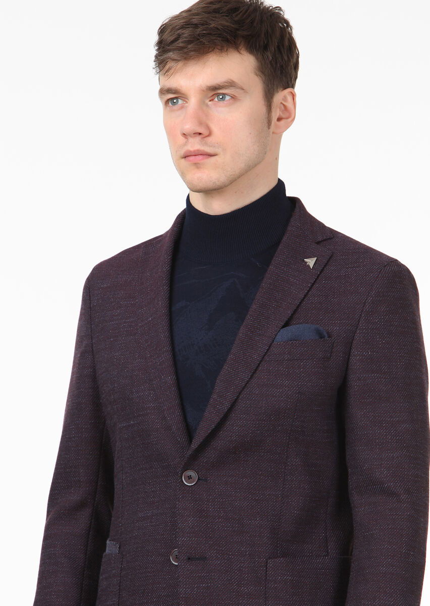 Bordo Mikro Modern Fit Yün Karışımlı Ceket - 2