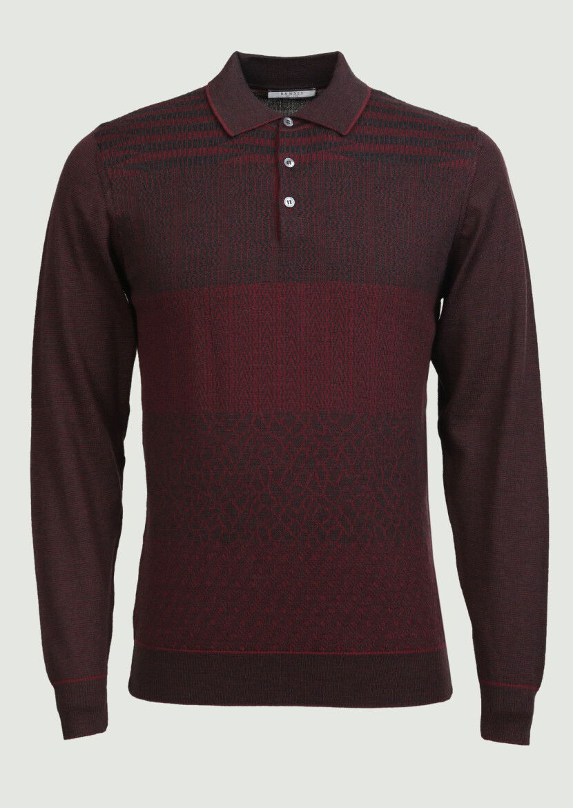 Bordo Polo Yaka Jakarlı %100 Yün Triko Kazak 