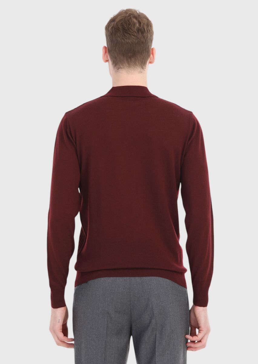 Bordo Polo Yaka Jakarlı %100 Yün Triko Kazak - 4