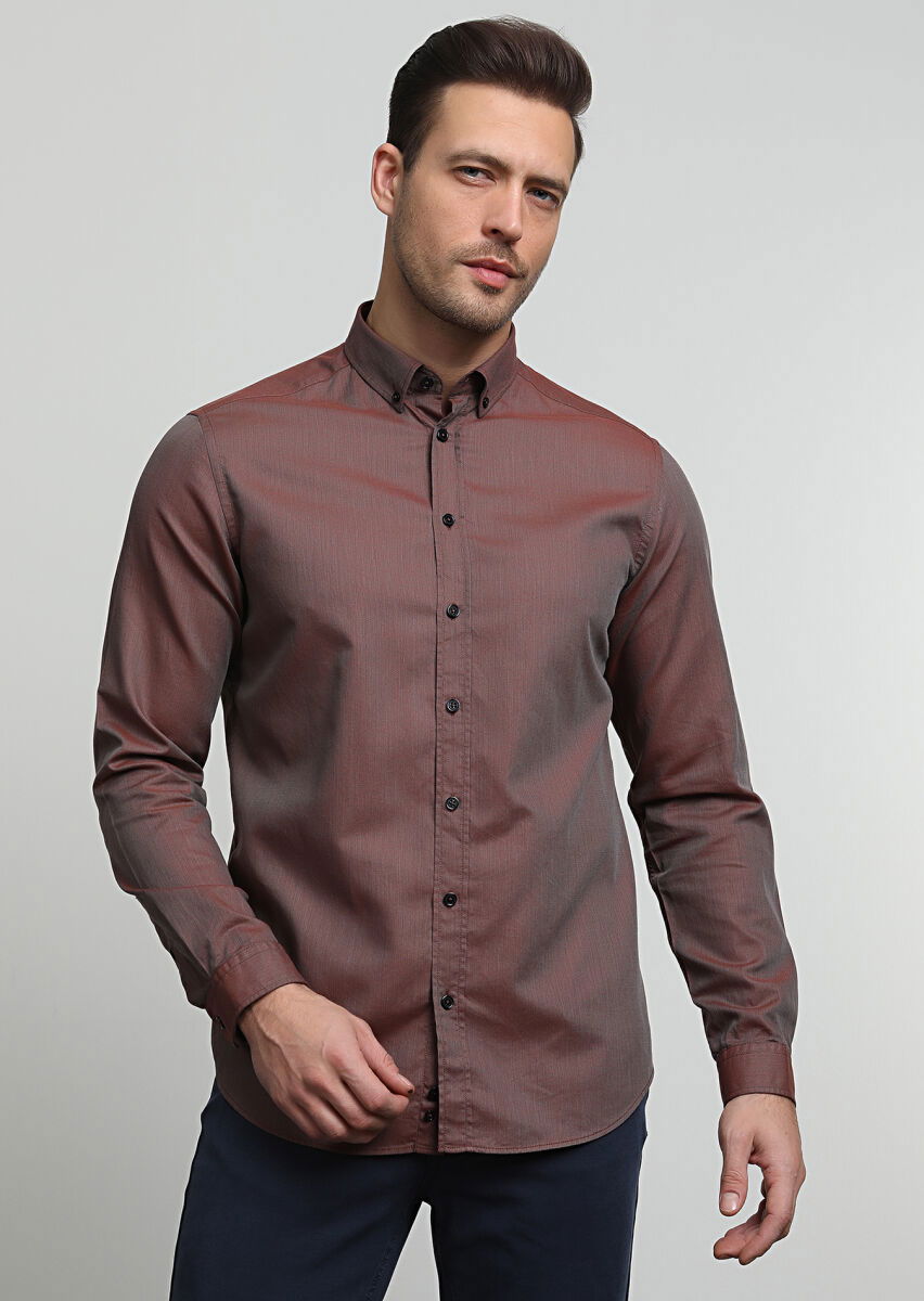 Bordo Regular Fit Dokuma Casual %100 Pamuk Gömlek - 1