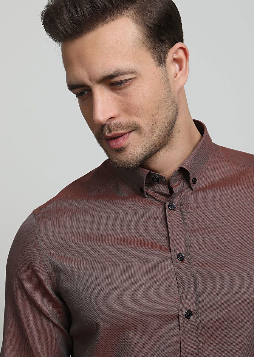 Bordo Regular Fit Dokuma Casual %100 Pamuk Gömlek - 2