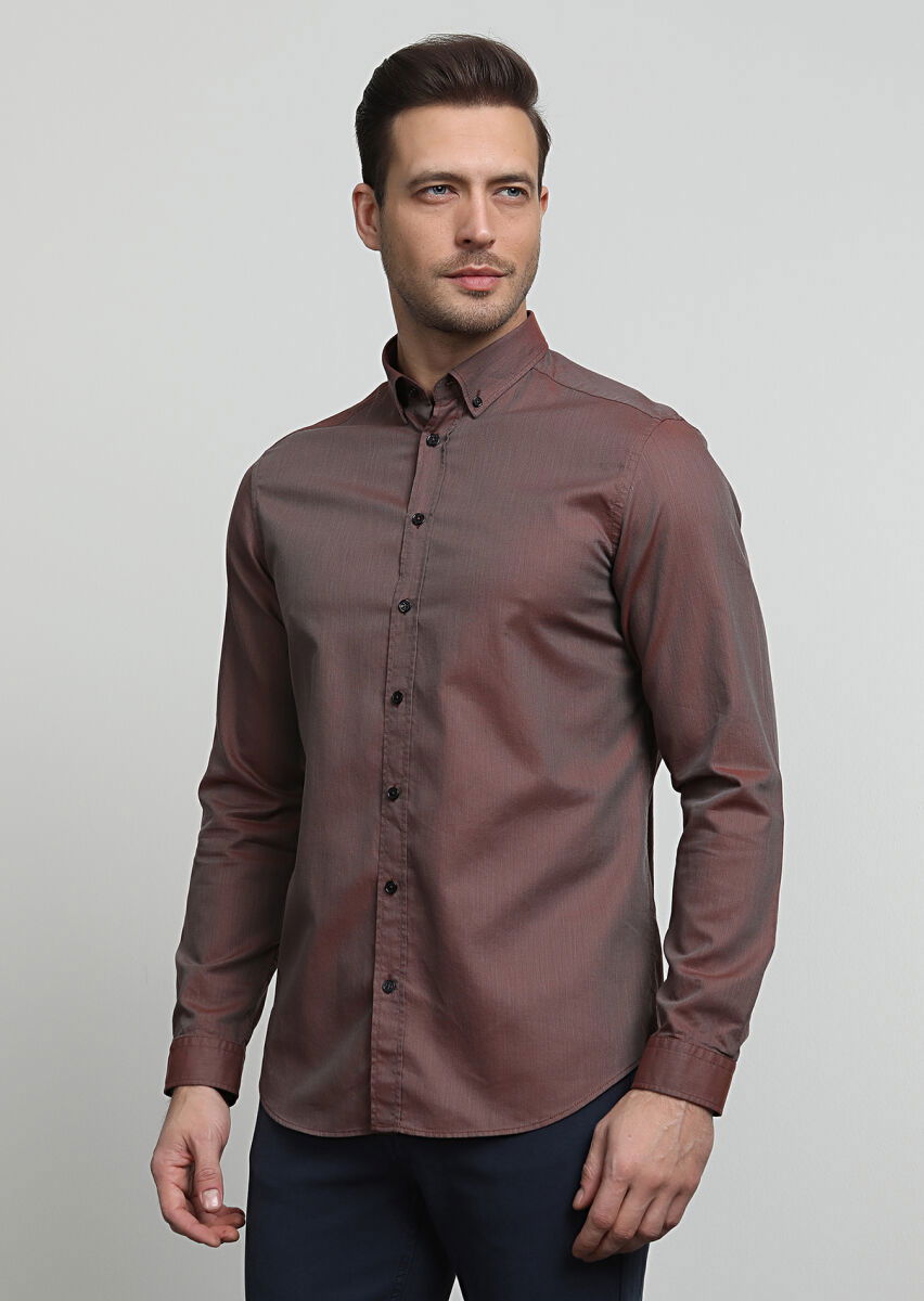 Bordo Regular Fit Dokuma Casual %100 Pamuk Gömlek - 3