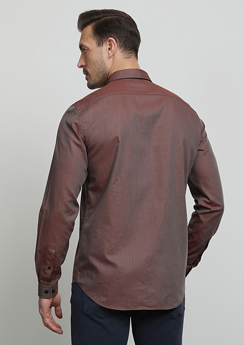 Bordo Regular Fit Dokuma Casual %100 Pamuk Gömlek - 4